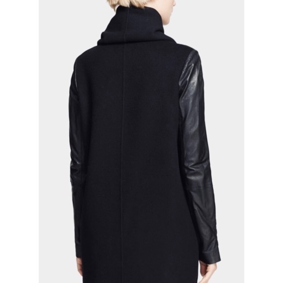 VINCE • Black Leather-Sleeve Shawl Collar Wool Trench Coat - Picture 2 of 15